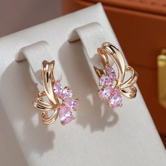 Earrings Geometric Pink Zircon English Lock Clip For Women 585 Rose Gold Color Vintage Trendy Stud Earrings Jewelry