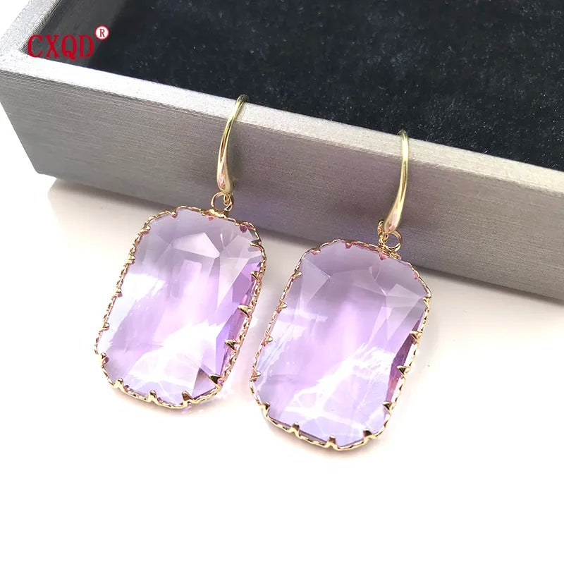 Earrings for Women Fashion Large Multicolor Rectangle Clear Glass Shiny Crystal Party Gifts Jewelry Accessories