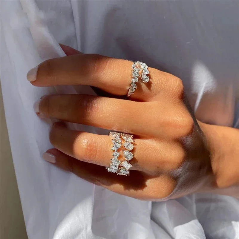 Rings for Women Resizable New Fashion 3 Layers Irregular AAA Cubic Zirconia Wedding