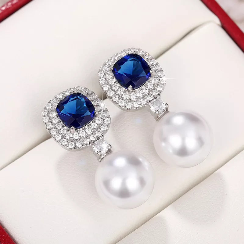 Earrings Women Gorgeous Blue Cubic Zirconia Imitation Pearl for Engagement Wedding Party Temperament Elegant Ear Jewelry