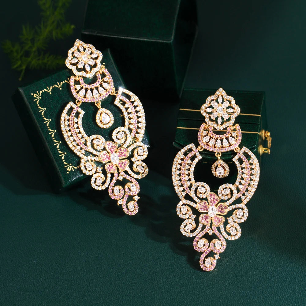 Earrings for Women Luxury Statement Pink Red Cubic Zircon Long Big  Vintage Ethnic Wedding Bridal Party Jewelry