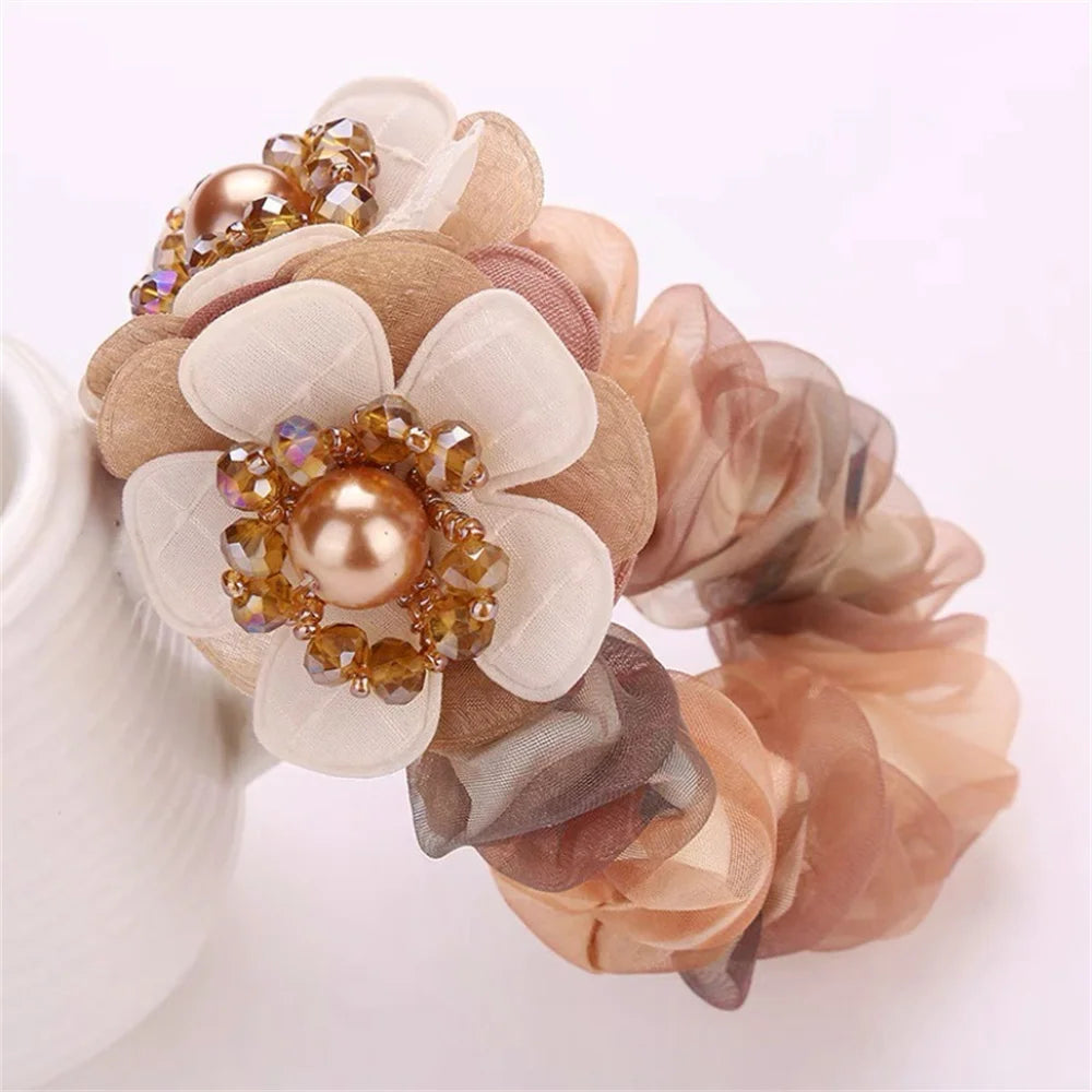 Hairband Bun Scrunchies Hair Accessories 1PC Faux Pearl Flower Hair Rope For Women High Elastic Crystal Gradient Yarn Headwear