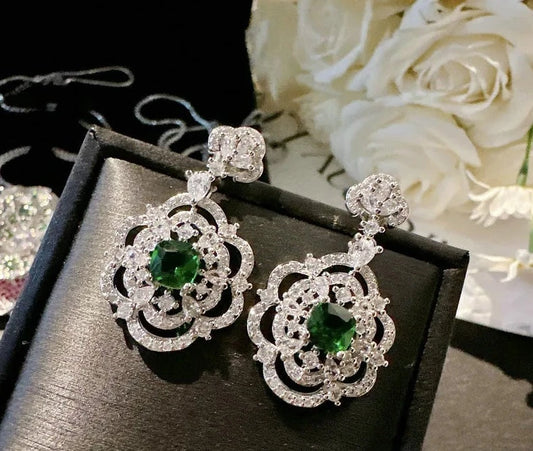 Earrings Women Vintage Antique Emerald Drop Earring Shine AAA Zircon Temperament Dangler Ladies Big Wedding Bridal Ear Jewelry