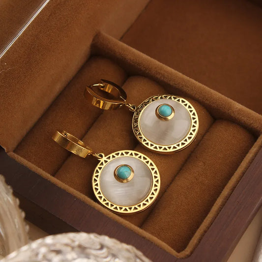 Earrings Women Ethnic Style Fashion Natural Turquoise Round Hoop Jewelry Accessories