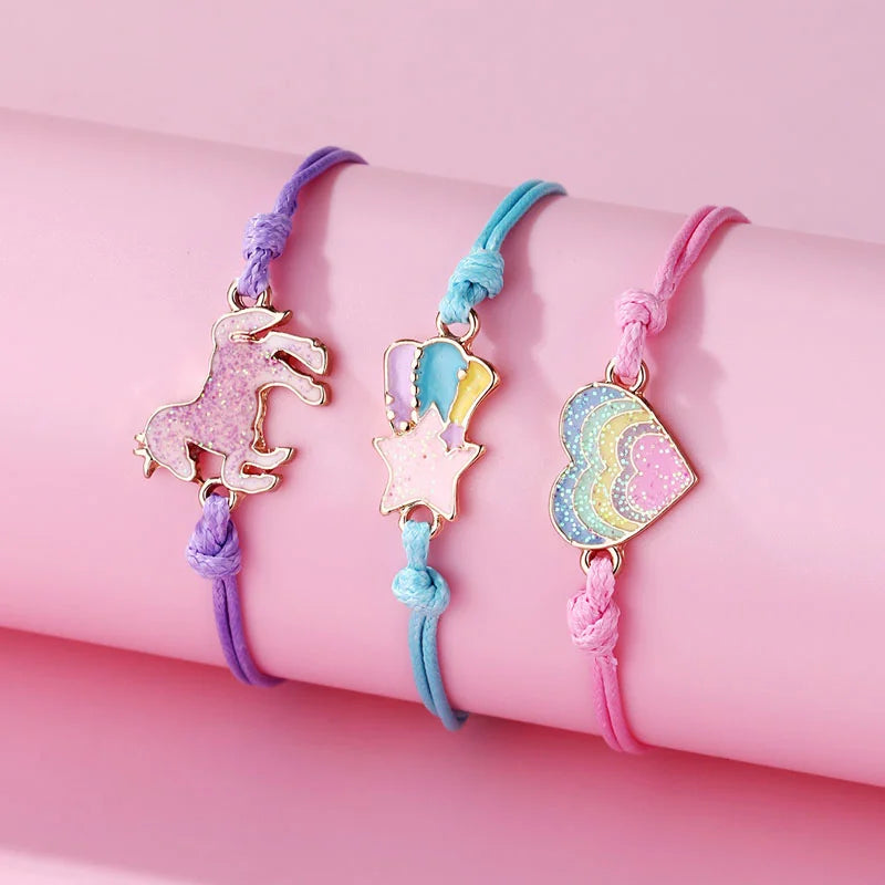 Bracelets For Kids 3Pcs/set Braided Cord Unicorn Heart Star Charms for Gift Jewelry