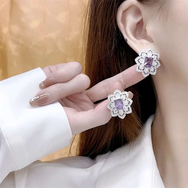 Necklace Set S925 Silver Temperament Flower Shape Violet Zircon Pendant Necklace Earrings Ring Jewelry