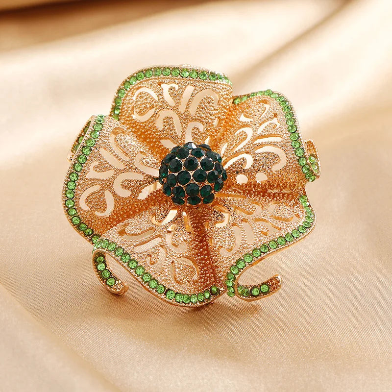 Rings For Women Luxury Big Flower Zircon Hollow Gold Color Adjustable Ring Indian Classic Jewelry