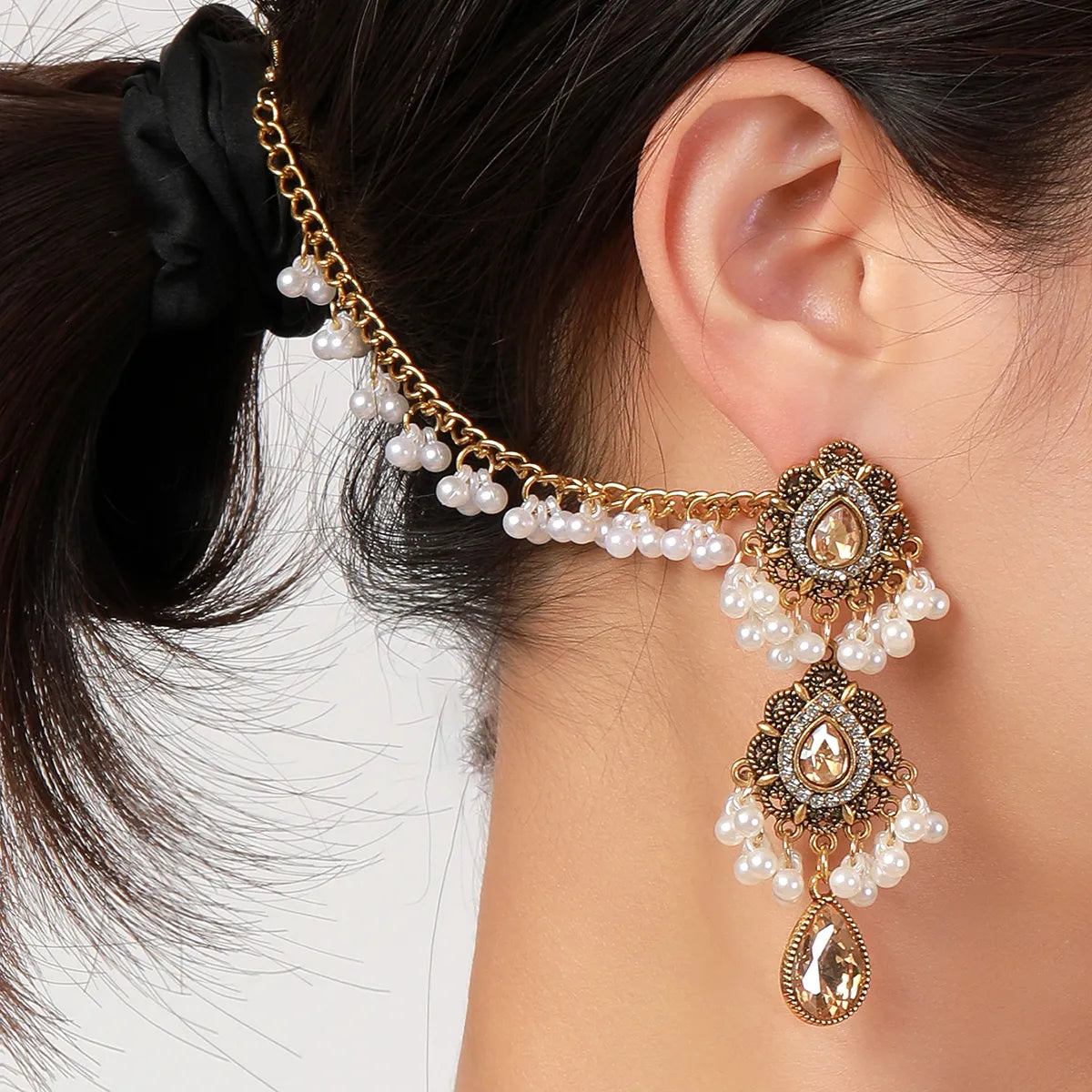 Earrings Indian for Women Boho Water Drop Long Link Headdress Luxury Crystal Flowers Pearl Tassel Wedding Jewelry