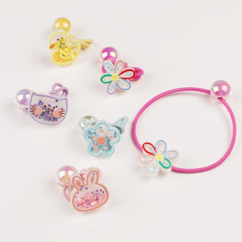 Hair Band Girl Kids 2PCS Set Colored Cute Cartoon Figures Quicksand Sparkling Elastic Fancy Rubber Ties