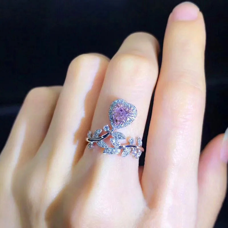 Ring Adjustable Trendy Elegant Princess Pink Zircon CZ Love Gem