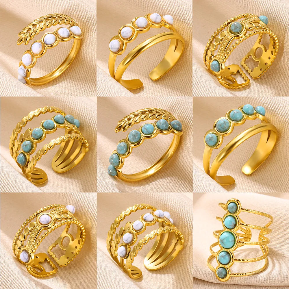 Ring For Women Adjustable Opening Gold Color Stainless Steel Boho Blue Natural Stone Hollow Rings Jewelry Gift