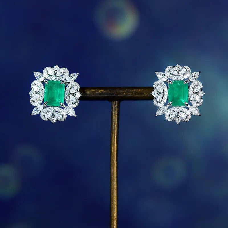 Earrings For Women Luxury Brand Emerald Stone 925 Silver Needle Ladies Stud Jewelry