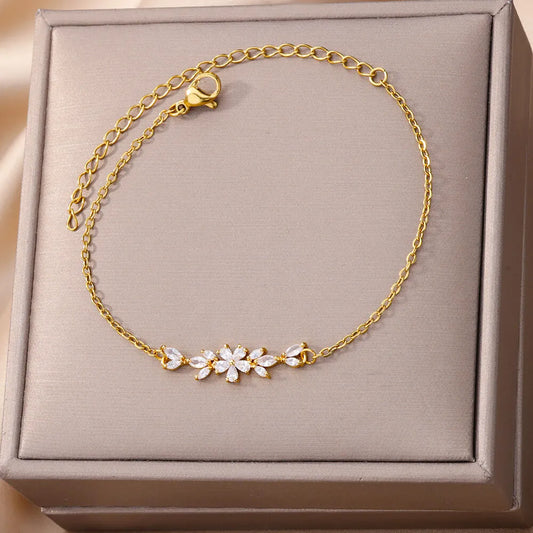 Anklets & Bracelets For Women Girls Elegant Zircon Flowers Charm Gold Color Stainless Steel Luxury Designer Jewelry Gifts