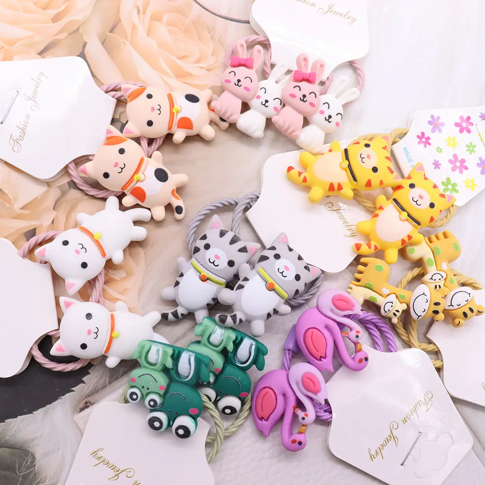 Hair Bands Girls 2Pcs New Cute Cartoon Animals Cat Small Rabbit Rubber Scrunchie Hair Accessories