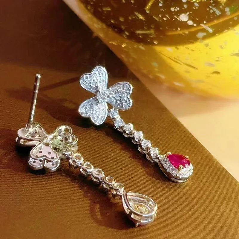 Earrings Dangling with AAA Zircon Stone 925 Silver Drop Style Elegant Flower Petal