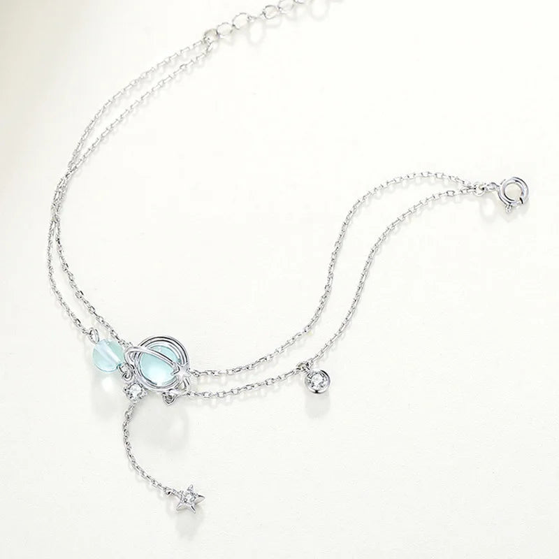 Bracelet  Women 925 Sterling Silver 19CM Double Aquamarine Crystal Encrusted Elegant Trend Jewelry