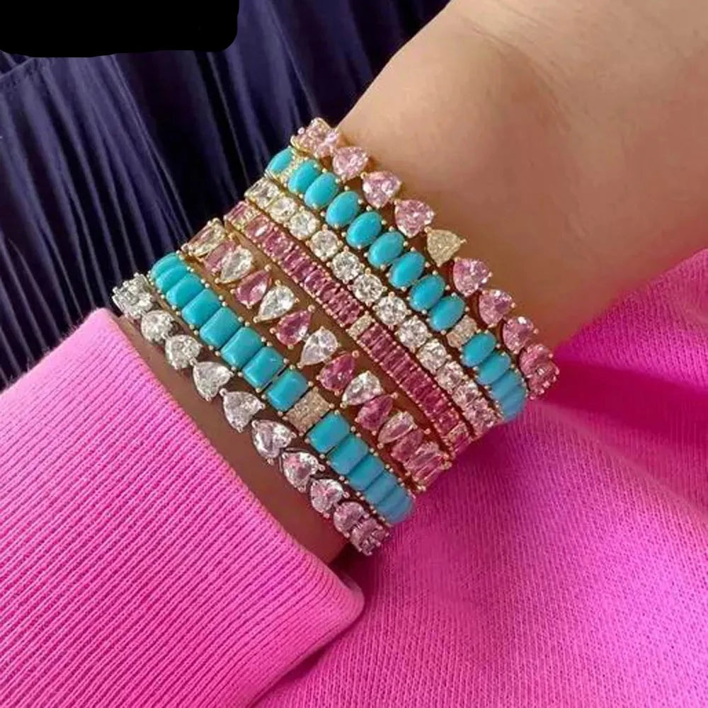 Bracelet for Women Geometric Water Drop Shaped Pink Green White Cubic Zirconia CZ Tennis Chain Colorful Luxury Party Gift Jewelry