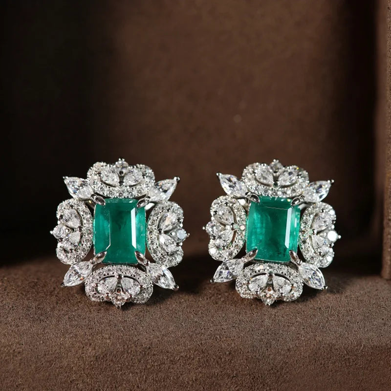 Earrings For Women Luxury Brand Emerald Stone 925 Silver Needle Ladies Stud Jewelry