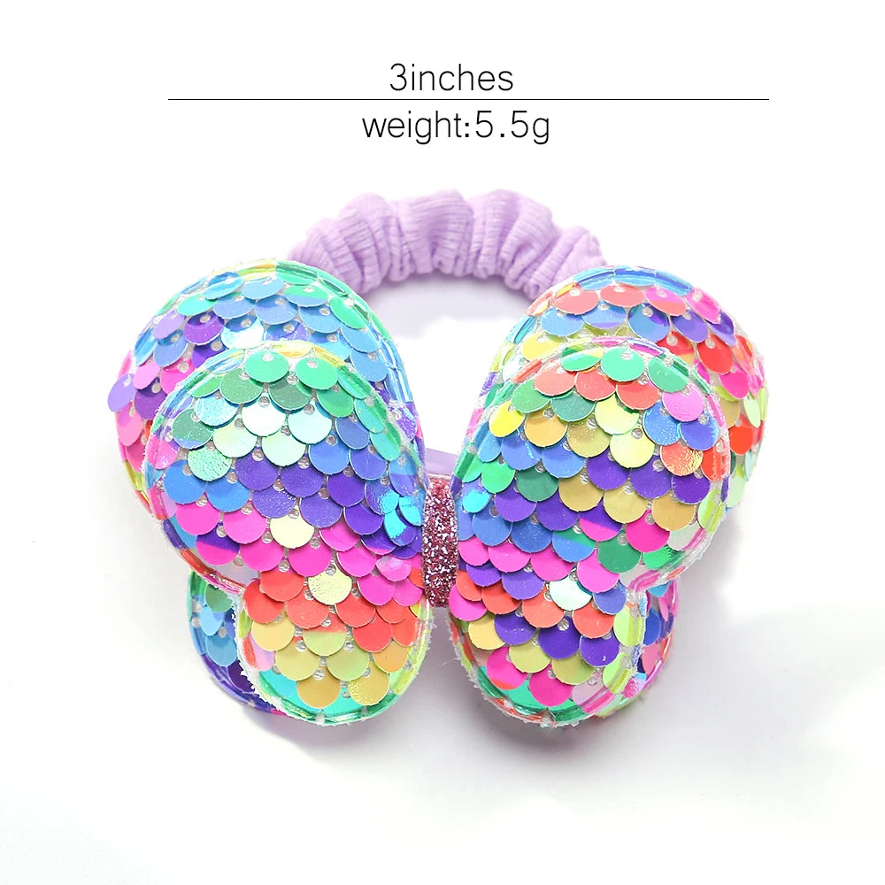 Hair Bands Children Girls Princess P2Pcs New Cute Sequin Butterfly Flowers Ponytail Elastic Hair Ties