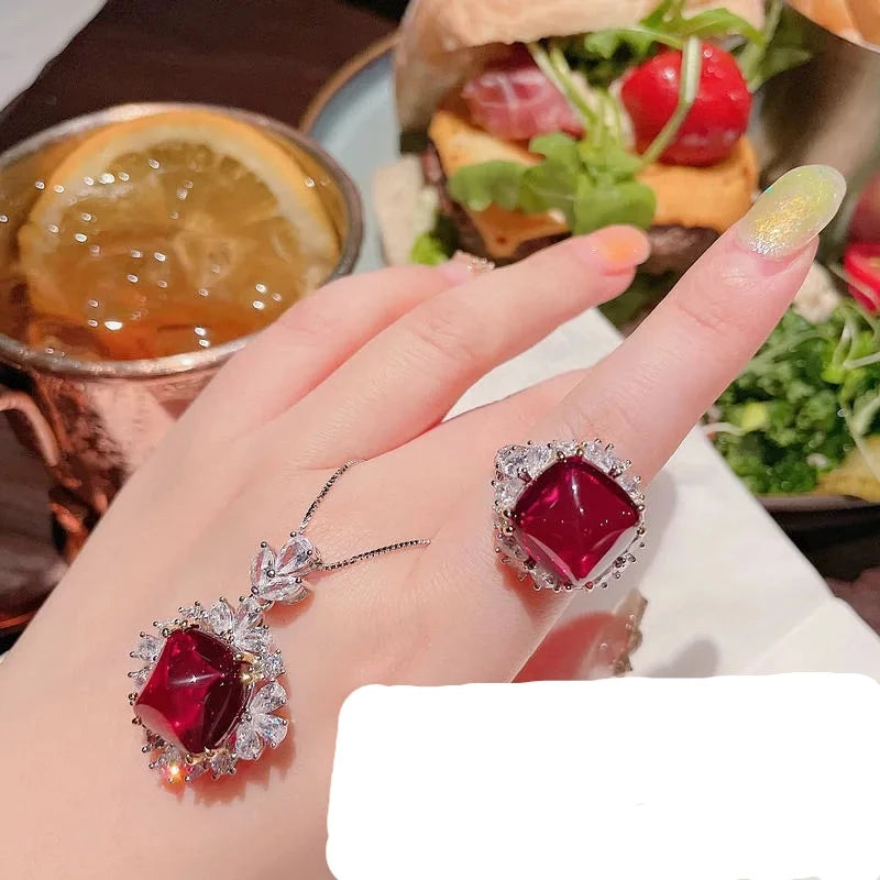 Jewelry Sets Luxury Silver Color Crystal Women High Quality Lab Ruby Gemstone Party Retro Classic Wedding Bridal Jewelry