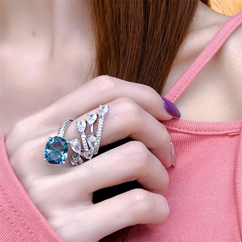 Rings for Women Resizable New Sky Blue Zircon with Stones Luxury Designer Jewelry