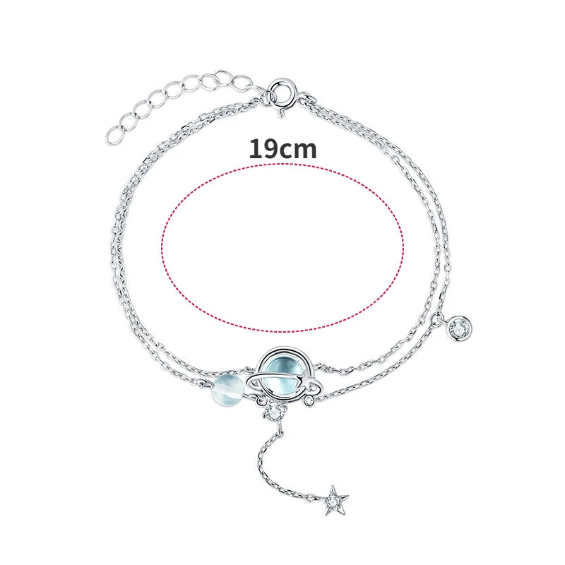 Bracelet  Women 925 Sterling Silver 19CM Double Aquamarine Crystal Encrusted Elegant Trend Jewelry