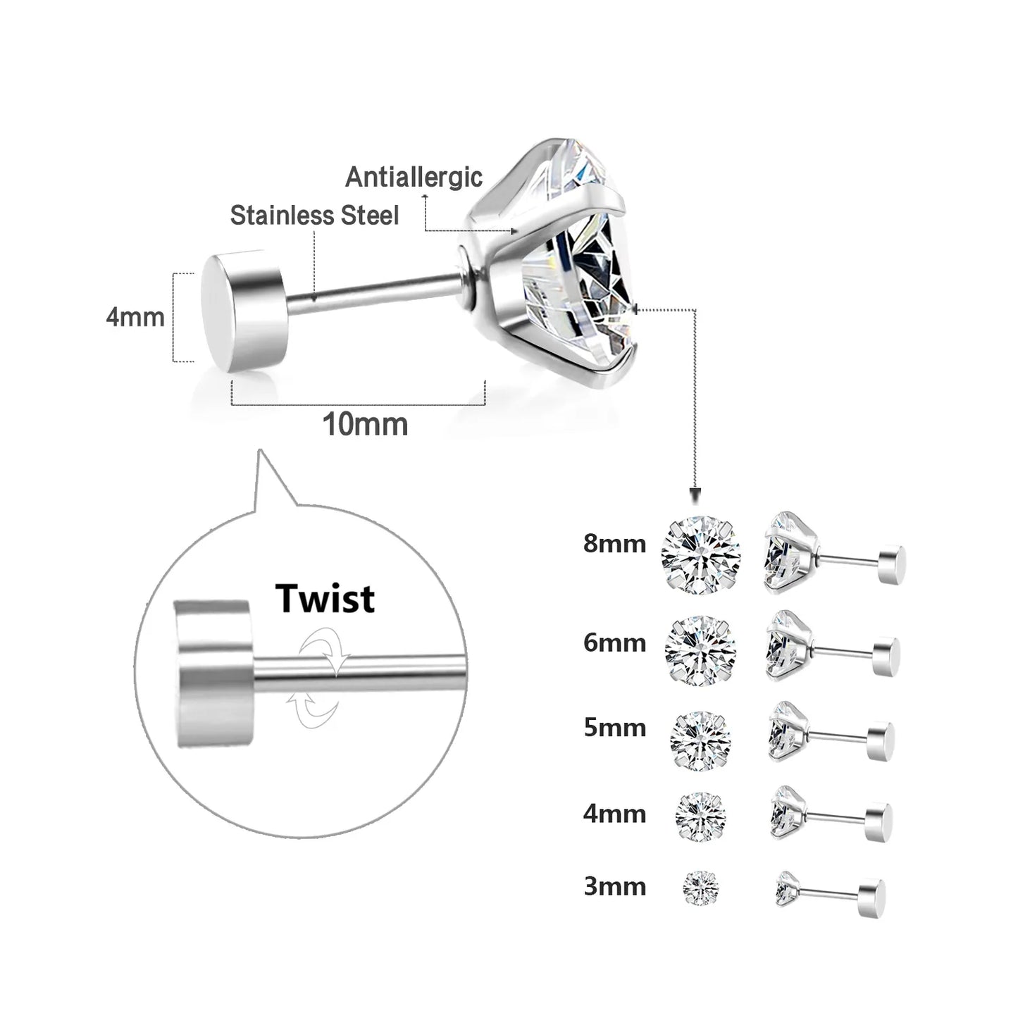 Earrings For Women/Men 1Pairs/2Pcs Stainless Steel Crystal Studs 4 Prong Tragus Round Clear Cubic Zirconia Ear Jewelry