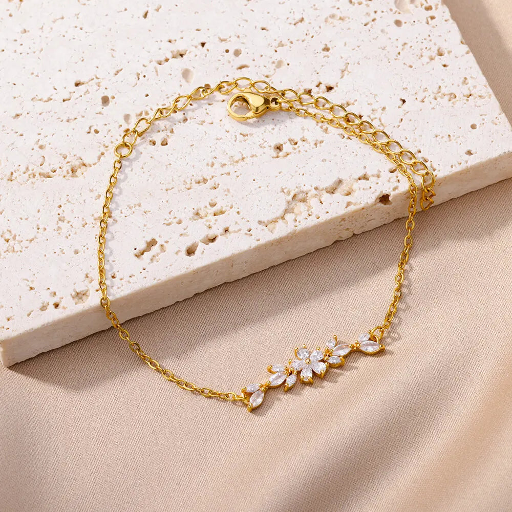 Anklets & Bracelets For Women Girls Elegant Zircon Flowers Charm Gold Color Stainless Steel Luxury Designer Jewelry Gifts