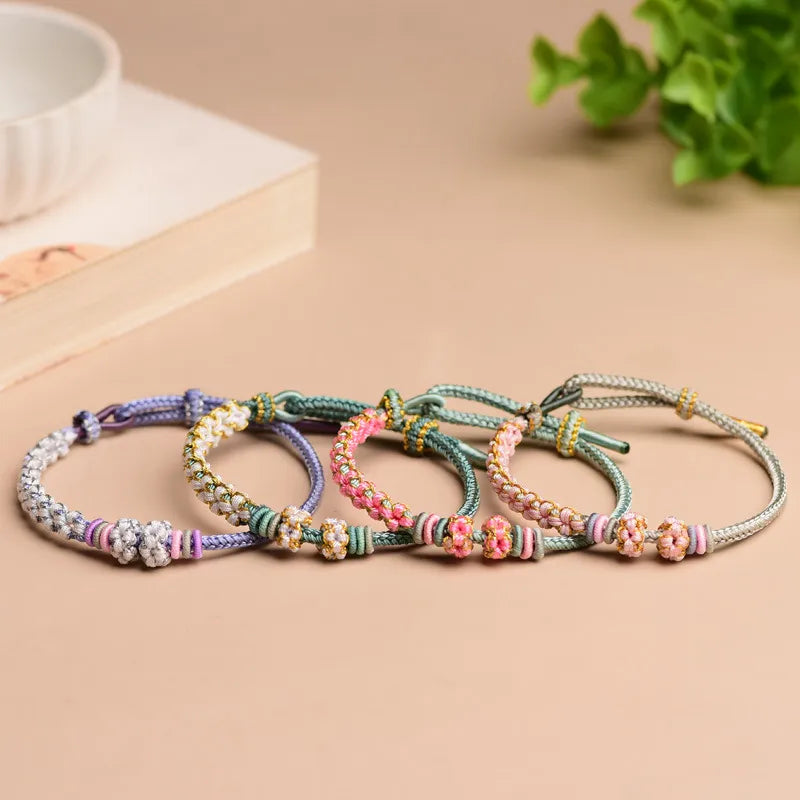 Bracelets Women Girls Handmade Adjustable Hand-Woven Beaded Pendant Peach Blossom Lucky Blessing Bracelet Gift Jewelry