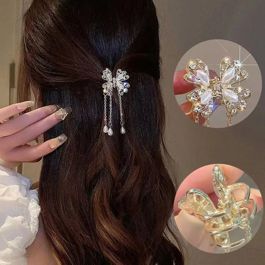 Hair Claw Clip Women Exquisite Butterfly Fringe Rhinestone Elegant Horsetail Hair Crab Fashion Hair Accessories