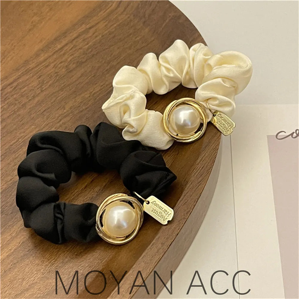 Hair Scrunchies Women Girl's Ponytail Scrunchies Rubber Band New Simple Big Pearl Black Hair Tie