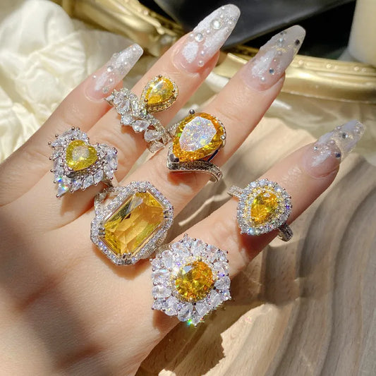 Rings For Women 6 Elegant Styles 925 Sterling Silver Yellow Crystal Lab Diamond Geometric Exquisite Wedding Bride Jewelry