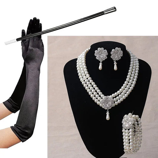 Necklace Earring  Pearl Set 1920s 1950s  Audrey Hepburn Imitation Jewelry Set With Glove Cigarette Holder