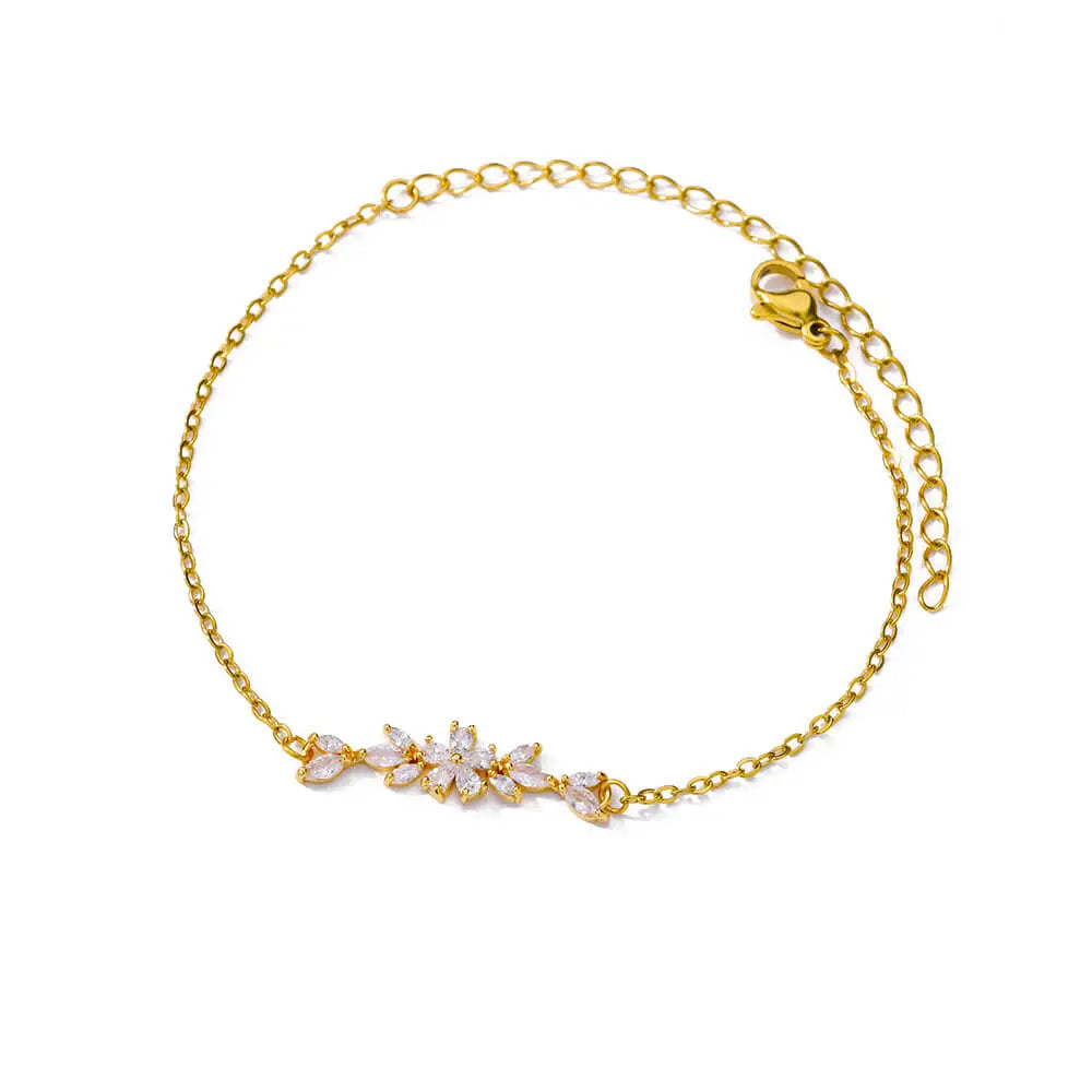 Anklets & Bracelets For Women Girls Elegant Zircon Flowers Charm Gold Color Stainless Steel Luxury Designer Jewelry Gifts