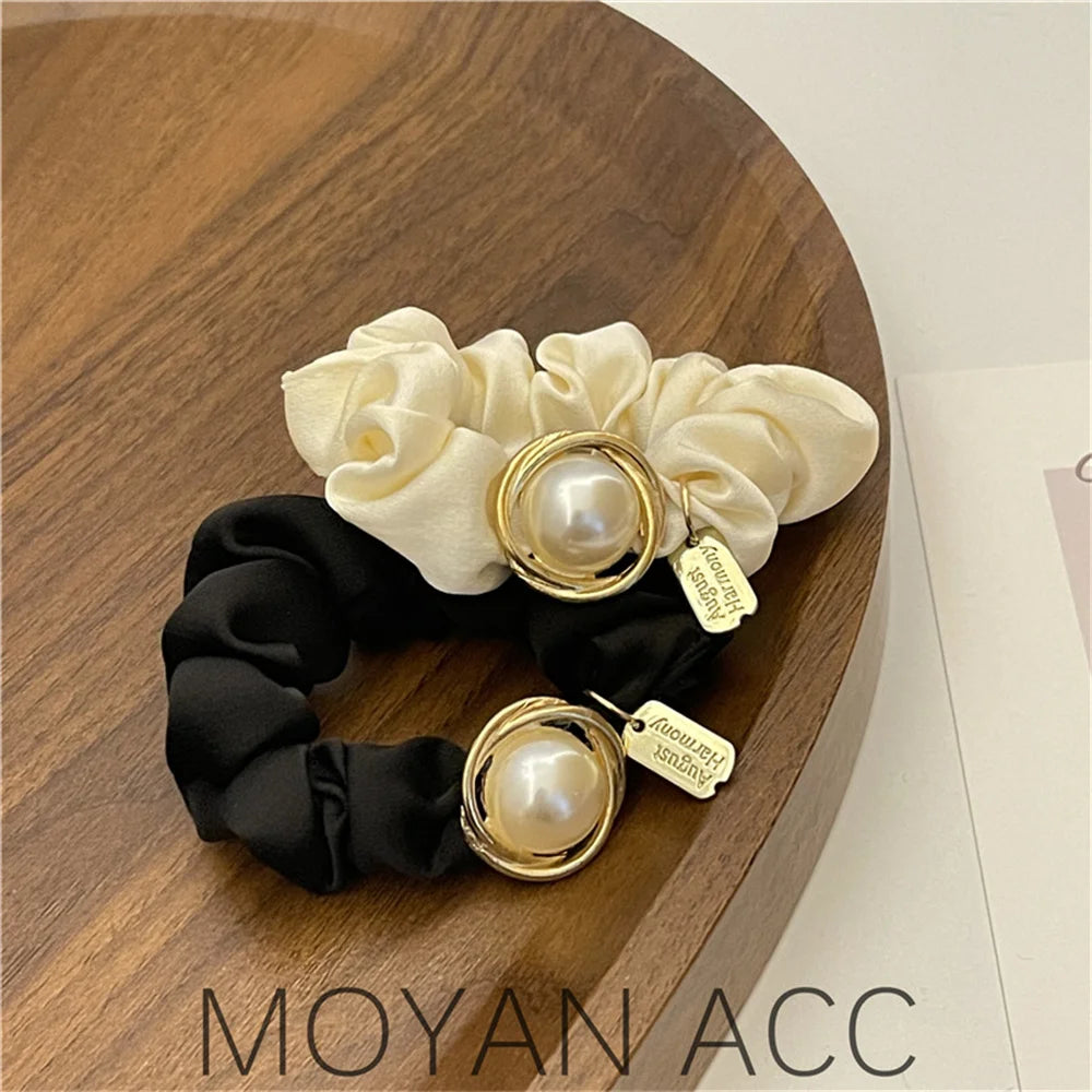 Hair Scrunchies Women Girl's Ponytail Scrunchies Rubber Band New Simple Big Pearl Black Hair Tie