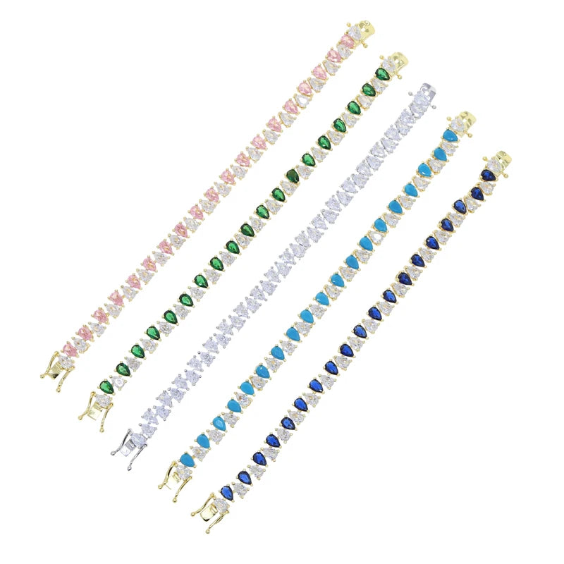 Bracelet for Women Geometric Water Drop Shaped Pink Green White Cubic Zirconia CZ Tennis Chain Colorful Luxury Party Gift Jewelry