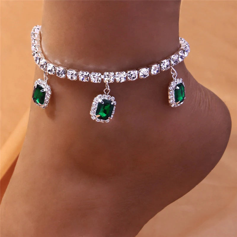 Anklet for Women Exquisite Cubic Zirconia Green Chain Silver Color