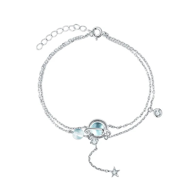 Bracelet  Women 925 Sterling Silver 19CM Double Aquamarine Crystal Encrusted Elegant Trend Jewelry