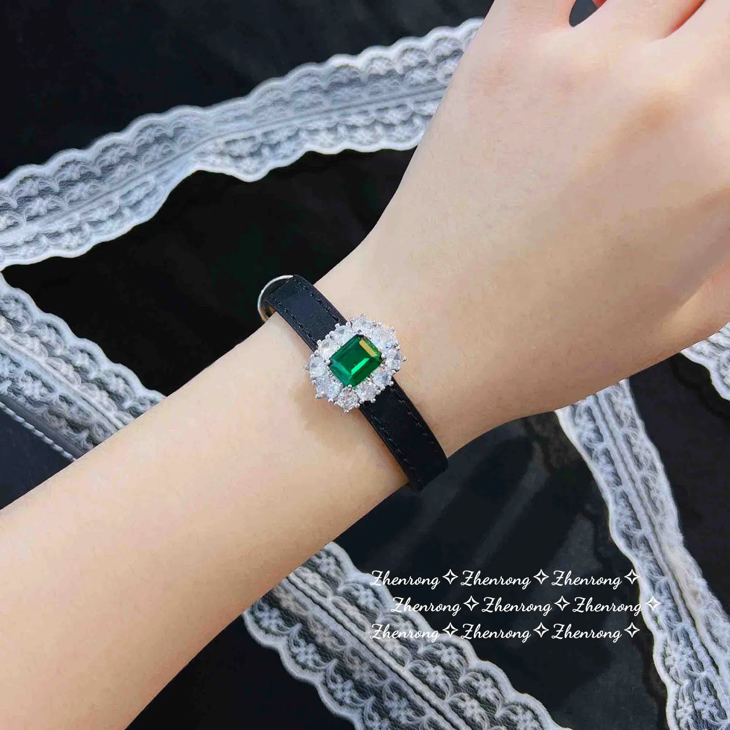 Bracelets For Women Luxury Simulation Emerald Wristband Two-wear Belt Watch Leather Rope Adjustable