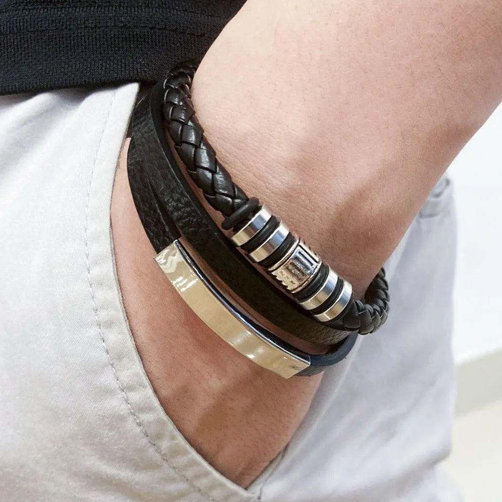 Bracelets For Men Trendy Leather Stainless Steel 21CM Multilayer Braided Rope