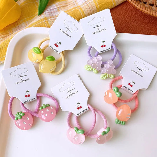 Hair Band For Girl Children 2PCS Set Colored Fruits Strawberry Grape Carrot Cute Kawaii Fairy Elastic Rubber Ties