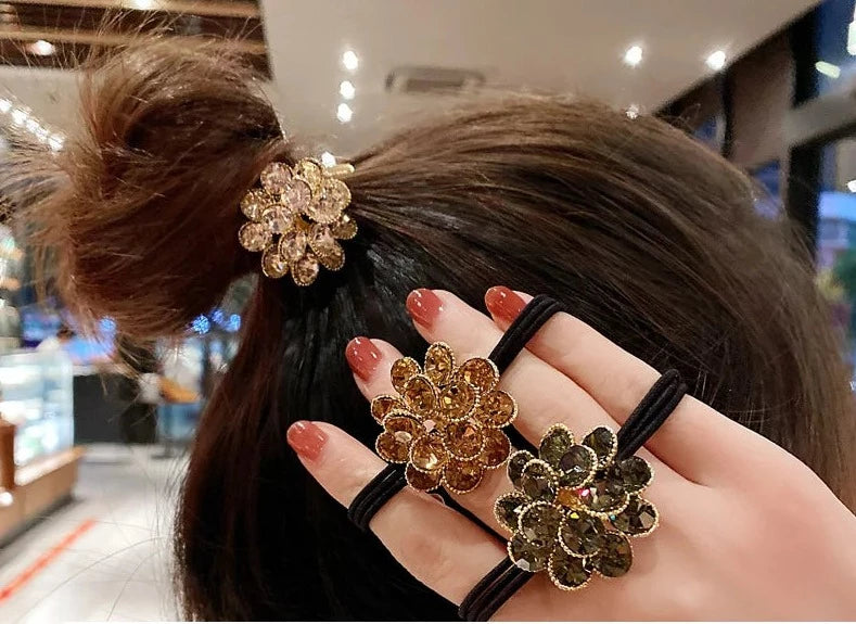 Hair Bands Women Elegant High Grade CZ Crystal Flower Rubber Bands Trendy Elastic Headwear Accessories