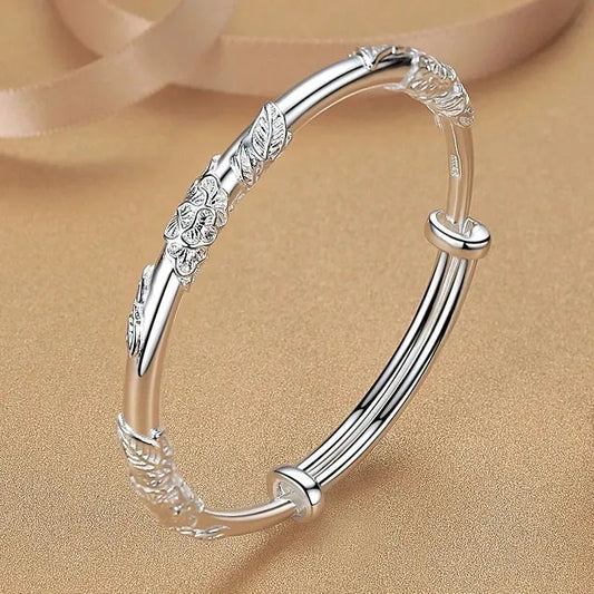 Bracelets Bangles Adjustable for Women Vintage Ethnic Style Carve Flower Leaf Charms Bangles Party Silver Color Jewelry Gift