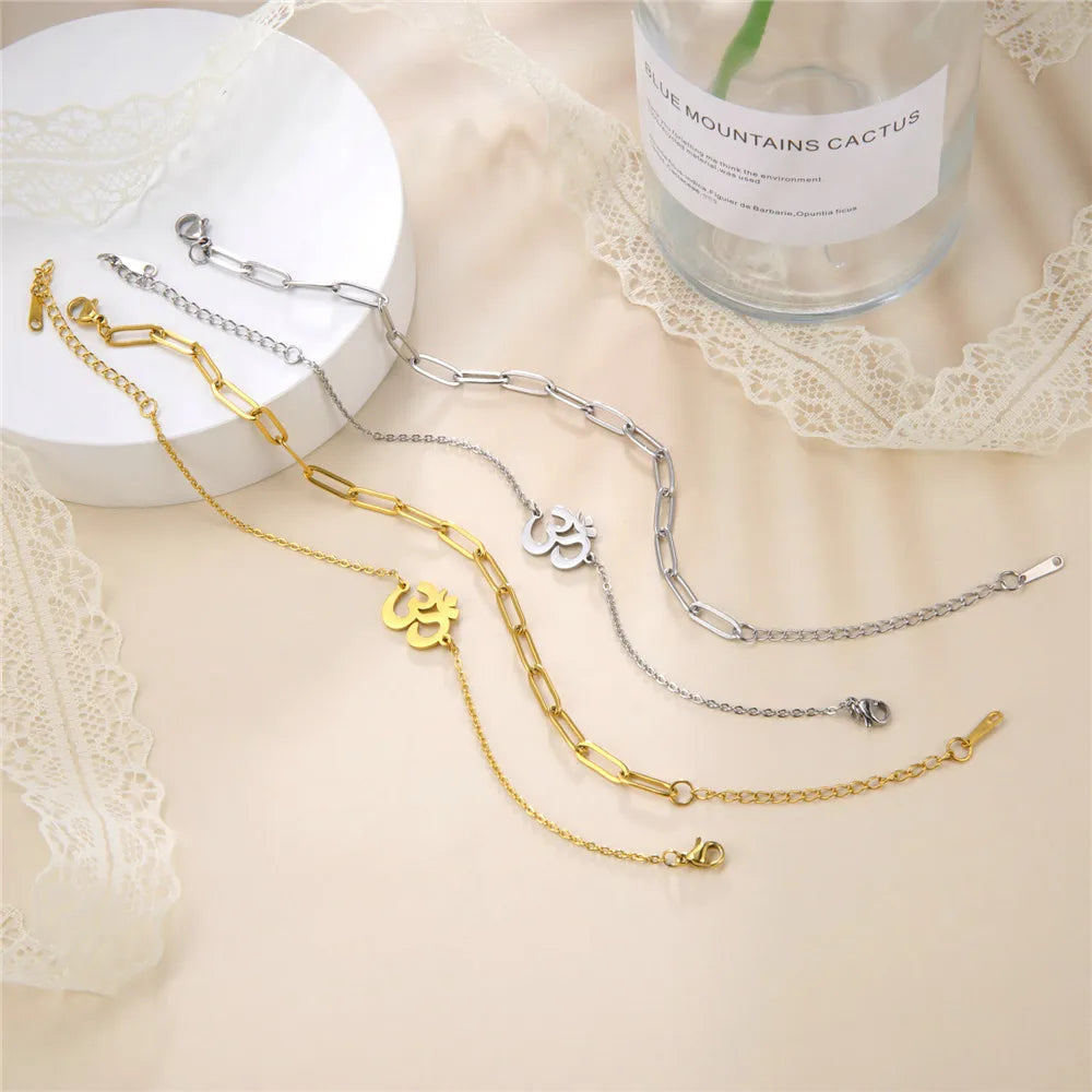 Anklets Women Stainless Steel Amulet Buddhism Yoga OM Double Layer Beads Chain