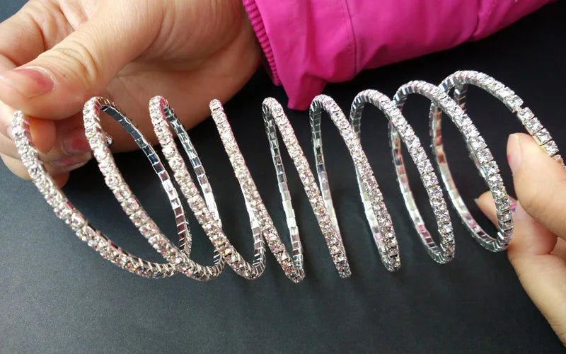 Bangles Silver Plated and Gold Color 9-Row Spiral Rhinestone  Bridal Wedding Crystal Bangle Bracelets for Women