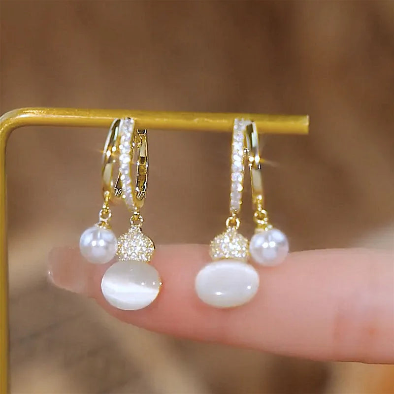 Earrings for Women Elegant Delicate Micro Paved Zircon Opal Pearl Pendant Gold Color Unique Design Jewelry Gifts