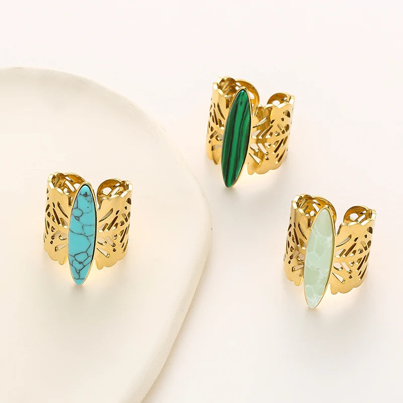 Rings for Women Wide Open Adjustable Stainless Steel Gold Plated Vintage Butterfly Pattern Turquoise Stone Jewelry Gifts