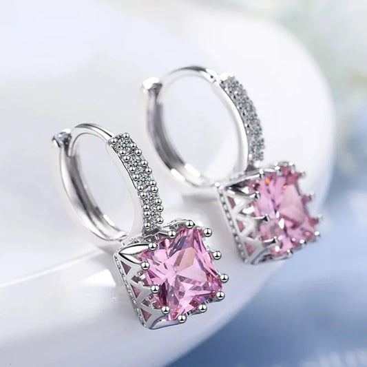 Earrings for Women Girls 925 Silver Needle Princess Crystal Square Zircon Drop Trendy Jewelry Gifts