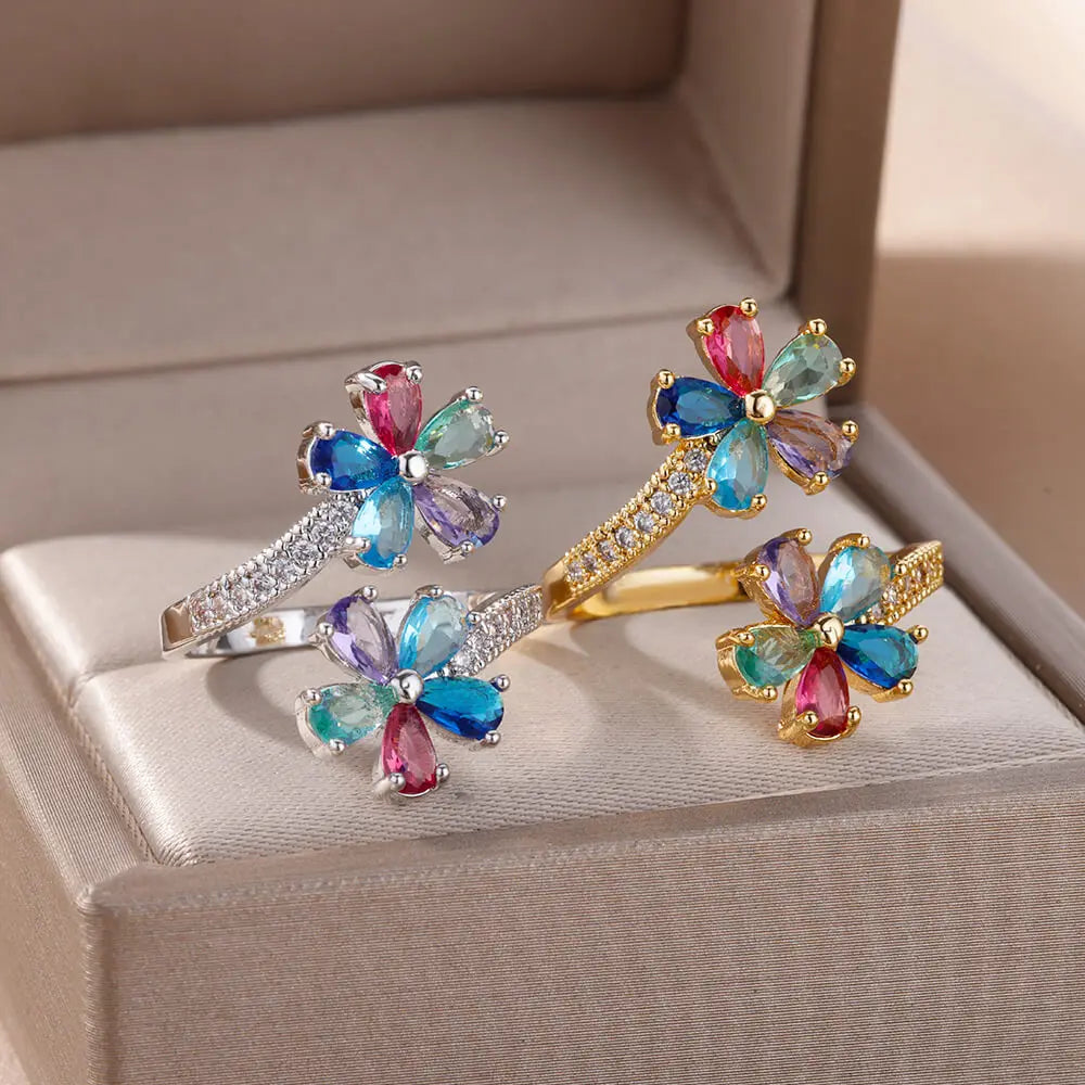 Rings For Women Resizable Colored Zircon Double Flower Gold Plated Stainless Steel Flower Opening Wedding Jewelry Gift