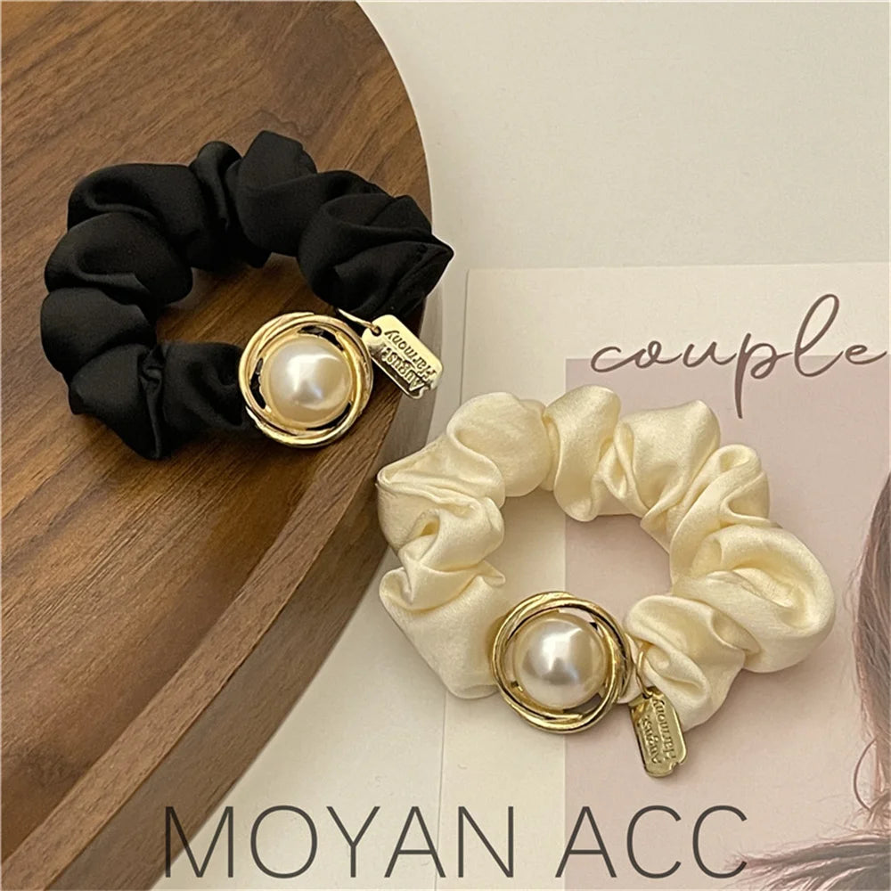 Hair Scrunchies Women Girl's Ponytail Scrunchies Rubber Band New Simple Big Pearl Black Hair Tie